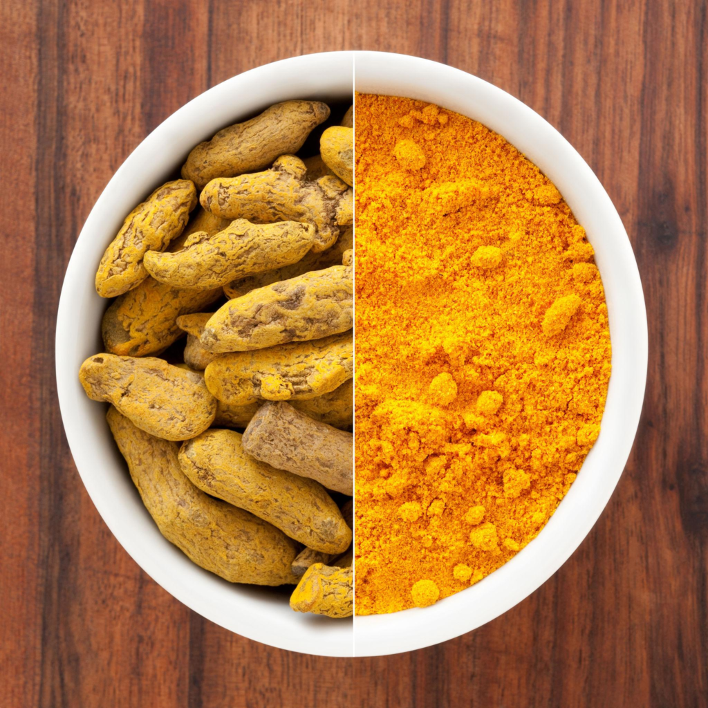 Dried turmeric slices compared with turmeric powder for food manufacturing