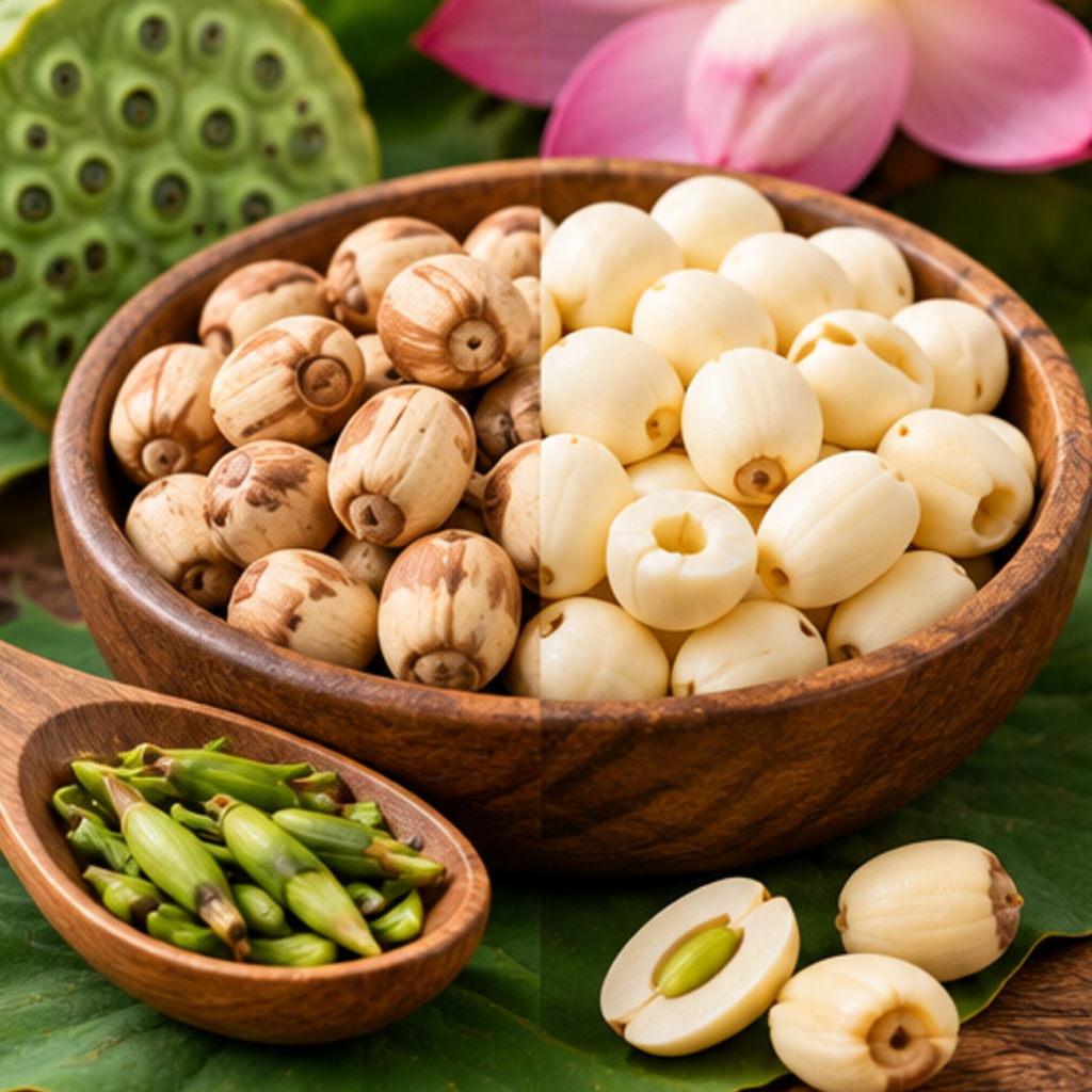 Whole and peeled Vietnamese lotus seeds comparison
