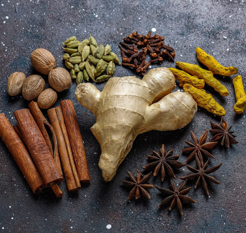Vietnam spices including cassia cinnamon, star anise, ginger, coffee bean and cardamom